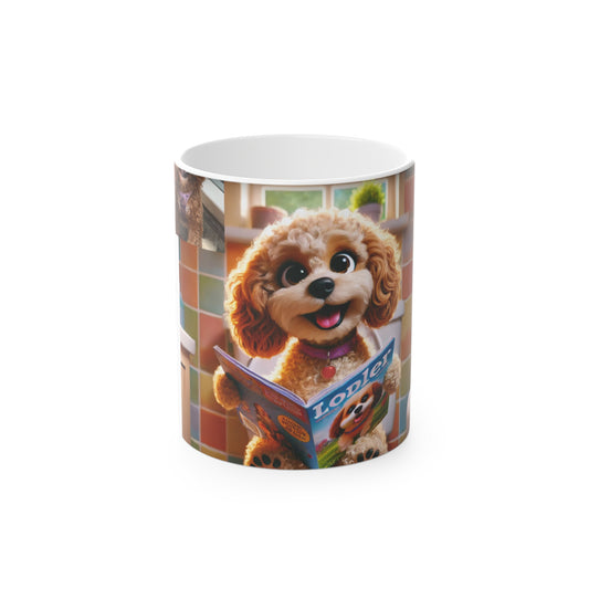 A white ceramic mug featuring a printed graphic of a fluffy light brown dog holding a book with the word 'lonely' on the cover, set against a plain white background.