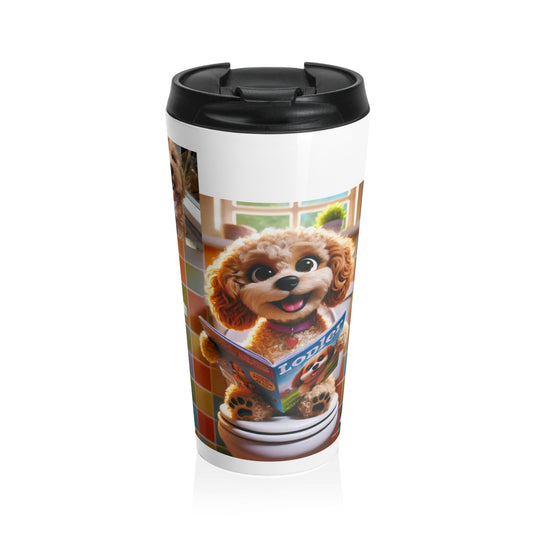 A white travel tumbler with a black lid, featuring a printed cartoon illustration of a brown curly-haired dog reading a book on a white background.