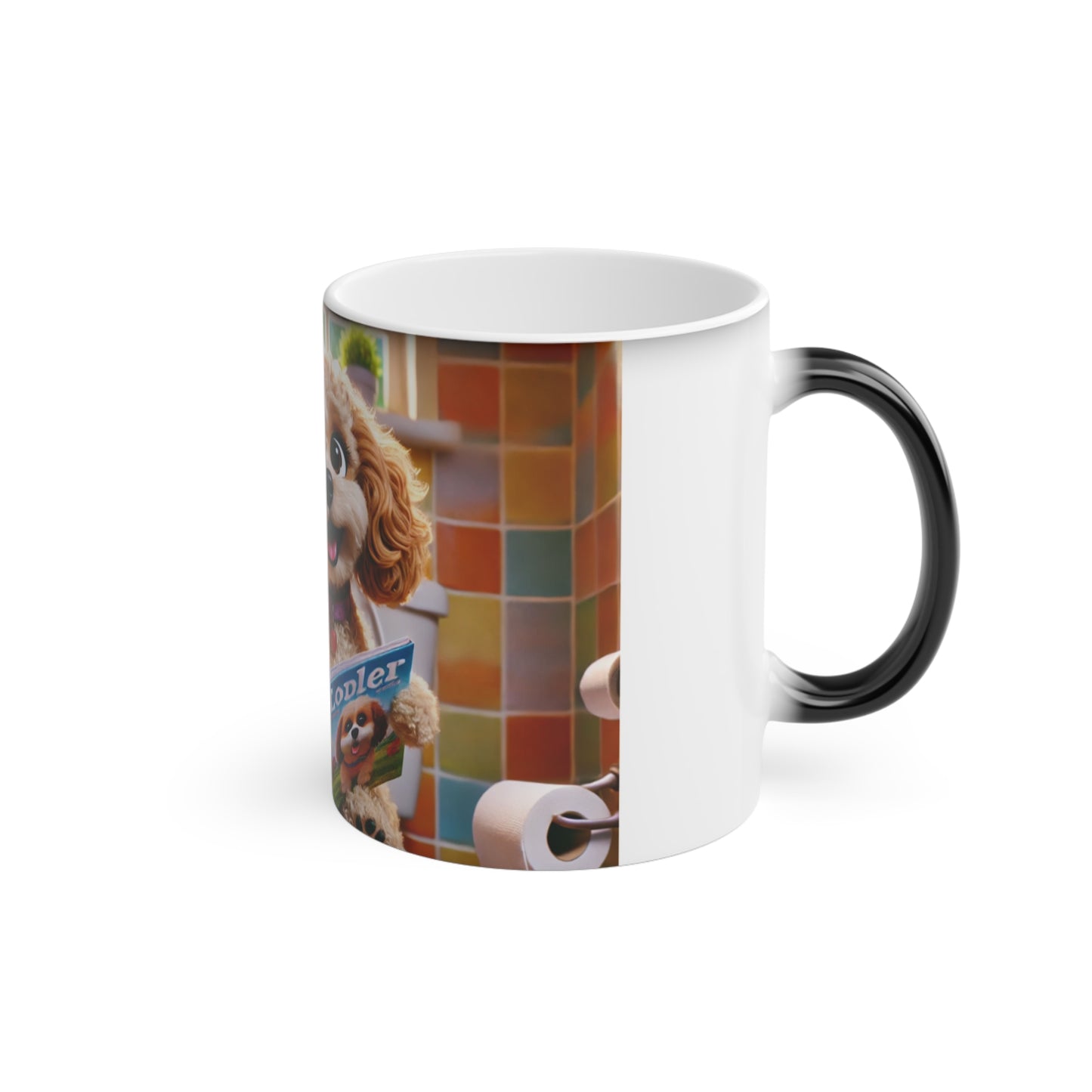 A white ceramic mug with a black handle, featuring a printed graphic of a dog peeking from behind a toilet paper roll in front of a colorful tiled wall.