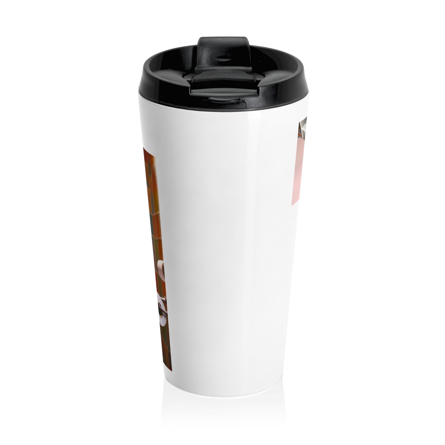 A white travel mug with a black lid, featuring a partial graphic print on the side, shown against a plain white background.