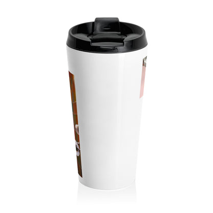 A white travel mug with a black lid, featuring a partial graphic print on the side, shown against a plain white background.