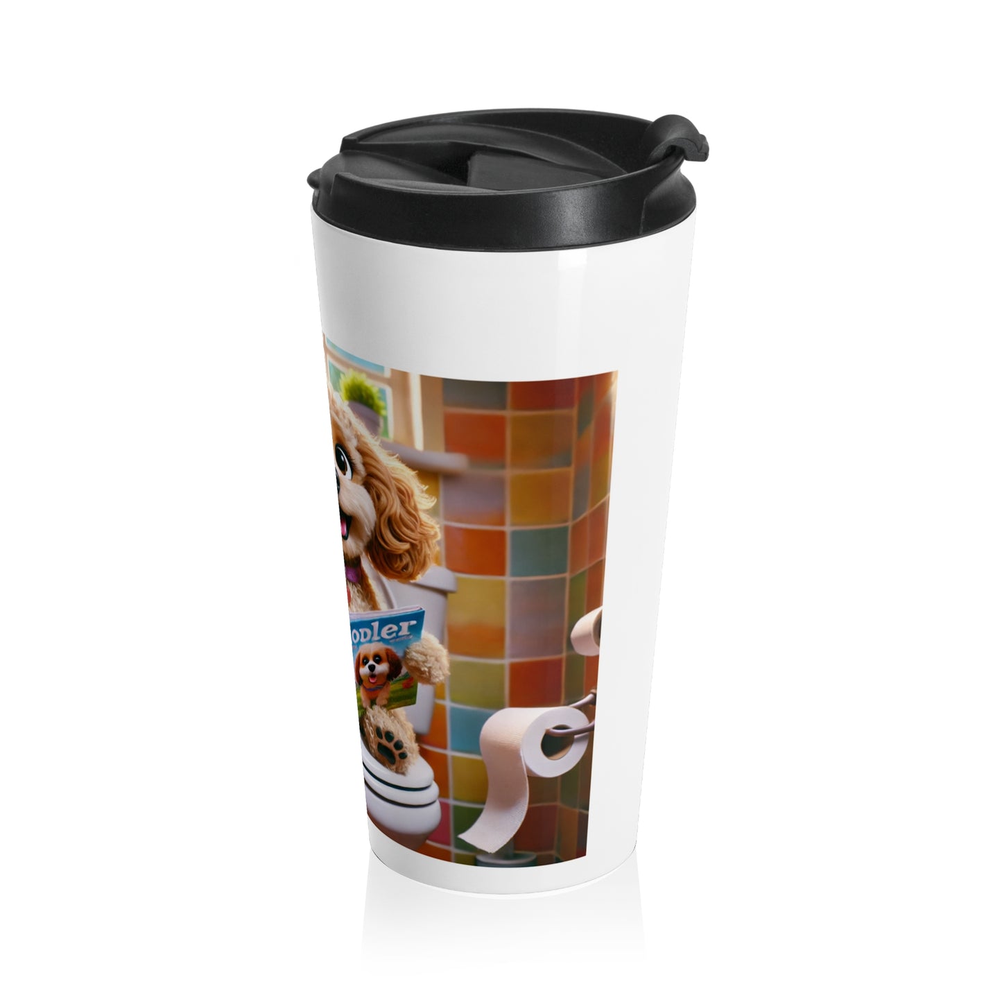 A white travel tumbler with a black lid, featuring a printed cartoon graphic of a dog and toilet paper on the front, set against a plain white background.