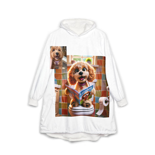 A white long-sleeve hoodie dress featuring a large graphic print of a brown poodle dog sitting on a toilet reading a book, with a smaller inset photo of the dog on the upper left chest, shown against a plain white background.