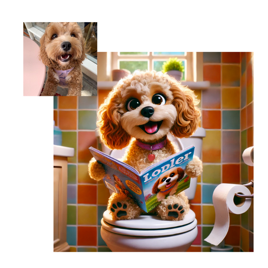Custom AI pet toilet portrait of a golden doodle dog - funny personalized pet art by Toilet Wags